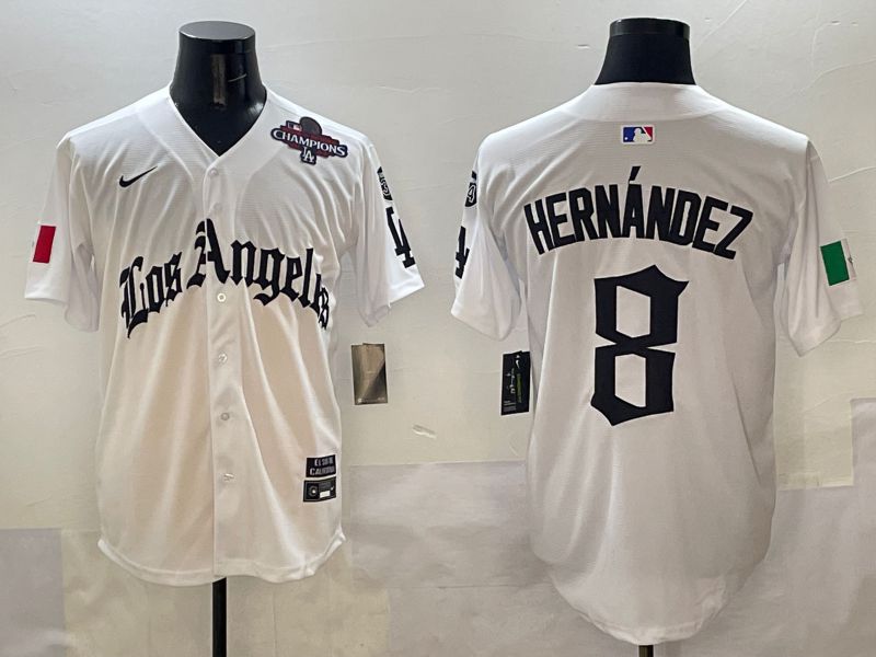 Men Los Angeles Dodgers #8 Hernandez White Five generations Joint Name 2025 Nike MLB Jersey style 8